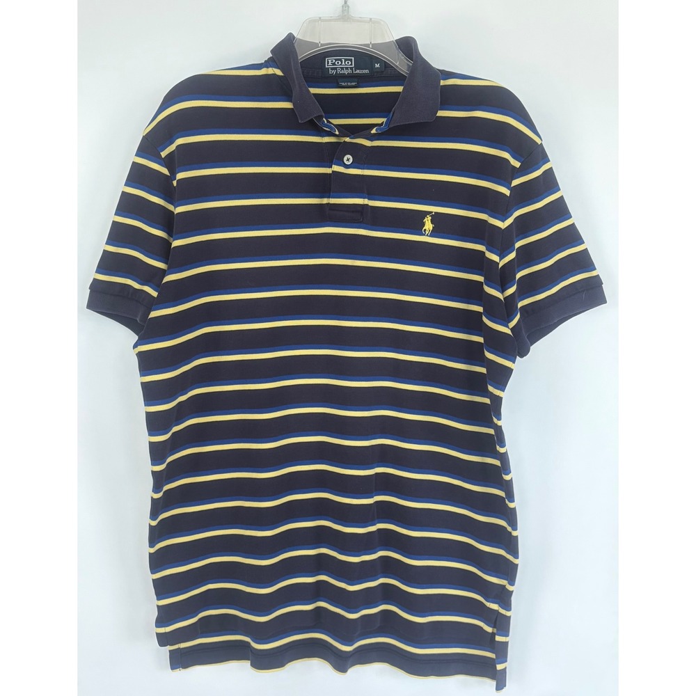 Polo Ralph Lauren Mens Medium Navy Blue Yellow Striped Short Sleeve Polo Shirt